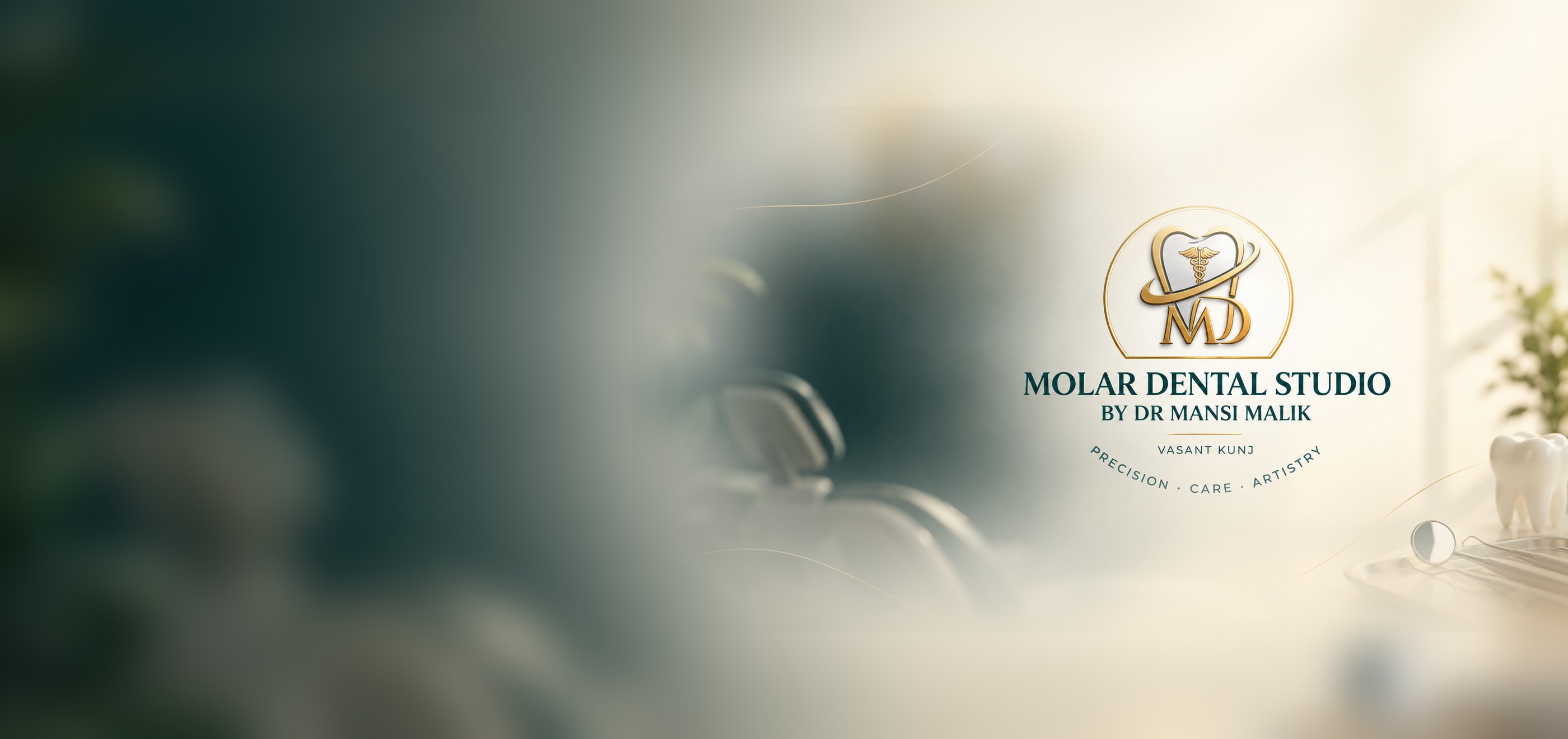Molar Dental Studio brand panel: the gold MD monogram above the studio name, Vasant Kunj, and the words precision, care, artistry